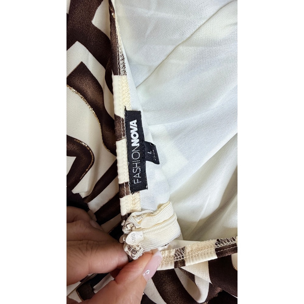 Fashion Nova Womens Brown White Geometric Halter Wide Leg Jumpsuit Large Pocket - Picture 5 of 5